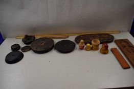 Box of various hardwood stands for vases, Russian dolls and other assorted wooden wares