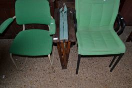 Folding Directors style chair together with three various green upholstered chairs