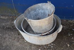 Galvanised bucket and two pans