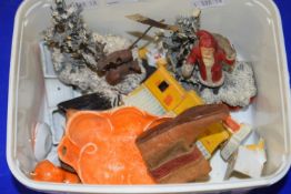 Box of assorted items to include vintage Christmas ornaments, miniature tea set etc