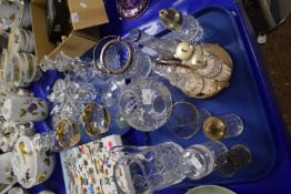 Two trays of various assorted glass wares to include candlesticks, cruet, jugs etc