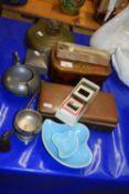 Mixed Lot: Vintage copper hot water bottle, copper mounted cigarette box, pewter wares and other