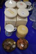 Mixed Lot: Kitchen storage jars, pastry cutters, assorted coinage etc