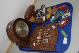 Mixed Lot: Mantel clock, various toy cars, vintage camera, collection of Dutch spoons in a display