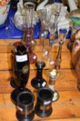 Collection of various glass candlesticks, pair of polished marble vases, storage jar etc
