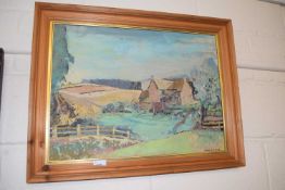 Cecil Coles, oil on board, Country house amongst fields