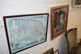 Framed tapestry portrait picture and a reproduction map of Norfok (2)
