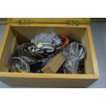 Stained pine box containing various assorted costume jewellery