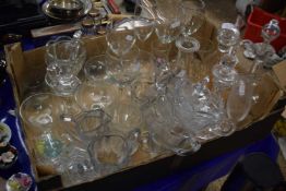 Box of various assorted drinking glasses, decanters etc