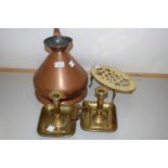Mixed Lot: Pair of brass chamber sticks, a copper gallon jug and a trivet