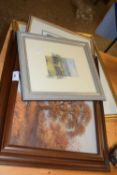 Mixed Lot: Two framed coloured prints, a further oil on canvas study of a riverside scene and a