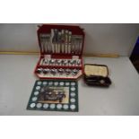 Case of cutlery, a cased baby's feeding set and a set of historic cars medallions (3)