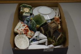 Box of various assorted small ornaments, porcelain place markers etc
