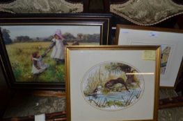 Mixed Lot: Study of otters together with a coloured print of The High Street, Colchester and one