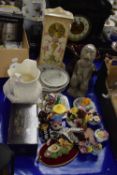 Mixed Lot: Various porcelain flowers, assorted decorative plates, porcelain cased mantel clock,