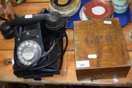 Vintage black bakelite telephone together with a wooden GPO box