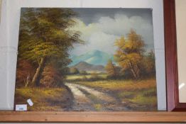 Contemporary oil on canvas study of a rural scene with mountains, unframed