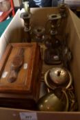 Mixed Lot: Candlesticks, wooden box, picture frame, other metal wares etc