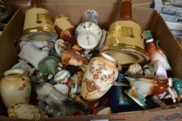 Large box of assorted ceramics to include Bells decanters, spill vases, figurines, ceramic animals