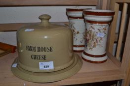 Stone ware cheese dish and cover and a pair of floral decorated vases