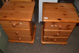 Pair of pine three drawer bedside cabinets