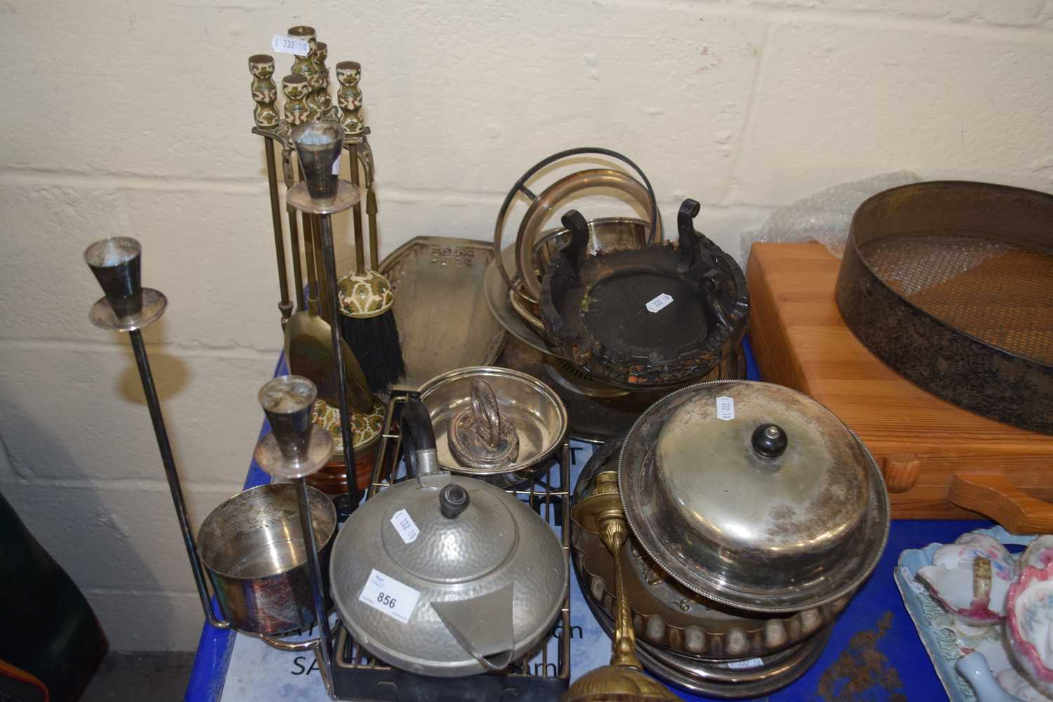 Mixed Lot: Various assorted silver plated wares, fire companion set, candlestand and other