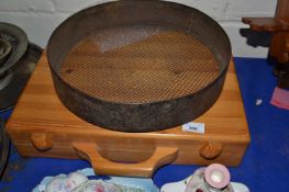 Stained pine case and vintage garden sieve