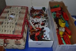 Three boxes of assorted toy motorbikes, animals, trains etc, play worn