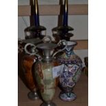 A pair of onyx and white metal mounted spill vases together with a pair of blue glass and gilt