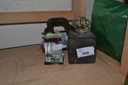 Welsh slate paperweight together with a vintage hole punch and other items