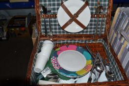 Wicker picnic hamper and assorted contents