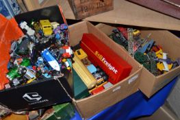 Three boxes of assorted toy cars, play worn