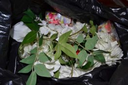 Quantity of assorted artificial flowers and two boxes of artificial rose petals