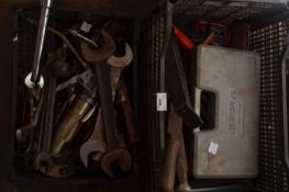 Two boxes of various assorted spanners, tools and garage clearance items etc