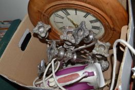Mixed Lot: A pair of white metal candelabras, wall clock, iron etc