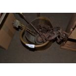 Brass coal bucket, cast iron doorbell and fire irons