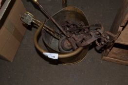Brass coal bucket, cast iron doorbell and fire irons