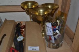 Three brass goblets together with a small quantity of jewellery, watches and other items