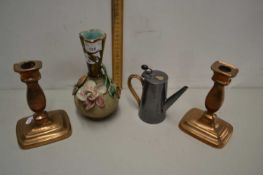 Mixed Lot: Pair of copper candlesticks, floral encrusted vase and a small silver plated teapot