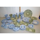 A collection of various modern Wedgwood Jasper ware vases, plates, trinket boxes etc