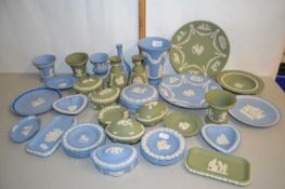 A collection of various modern Wedgwood Jasper ware vases, plates, trinket boxes etc