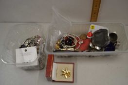 Two small boxes of various assorted costume jewellery and other items