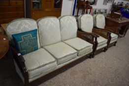 Early 20th Century Bergere three seater sofa and matching pair of armchairs, cane work requiring