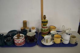 Two trays of mixed china wares to include an Italian pottery table lamp, Portmeirion tea wares and