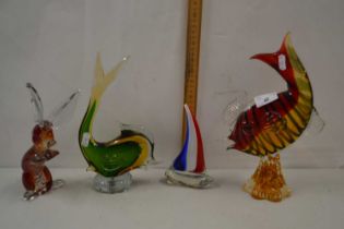 Mixed Lot: Two Art Glass fish, a further model boat and a model rabbit