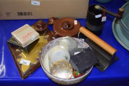Mixed Lot: Various powder compacts, an iron bacon press and coffee grinder etc