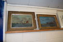 Naive oil on board study of a Lowestoft fishing boat together with another similar, gilt framed (a/