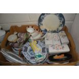 Box of various assorted decorated plates, porcelain wall plaques, modern Chinese figure etc