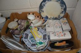 Box of various assorted decorated plates, porcelain wall plaques, modern Chinese figure etc