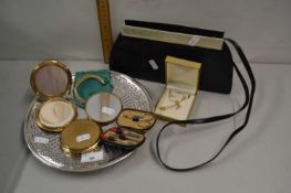 Mixed Lot: Silver torque style bracelet, powder compact, manicure set, hand bag etc